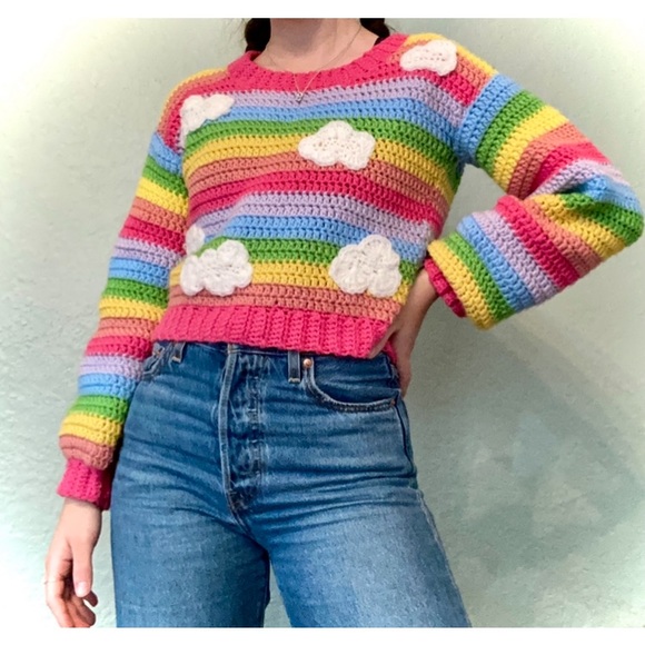 Crochet handmade pastel rainbow round neck long sleeve acrylic sweater size XS/S - Picture 2 of 7
